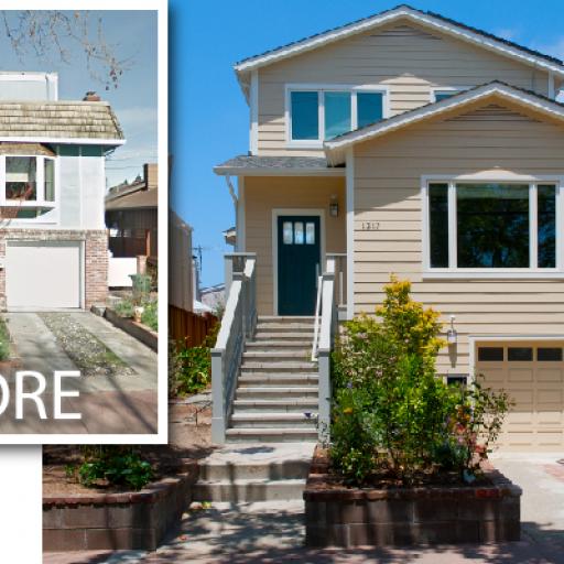 Before and after photos of the front of this home. 