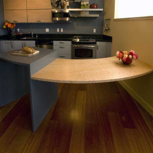 Curved counter & table as viewed from the living area.