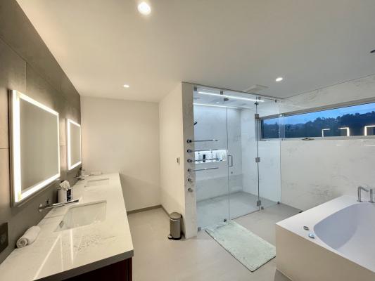 The modern master bath includes a large shower and a huge tub.