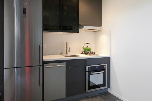 The kitchen area has a stainless steel refrigerator, 2-burner stove, micro-oven and sink with cabinets creates a compact, functional space. This photo is from El Cerrito Micro Apartment designed by Susan L. Wootan