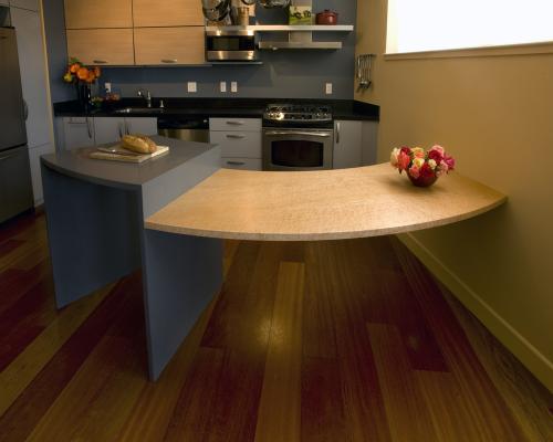 Curved counter & table as viewed from the living area.