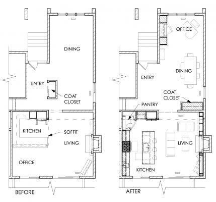 Before and after floor plans showing the transformation of the space.